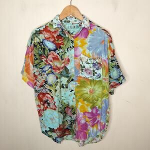 At Last New York Floral Button Up Shirt Vintage Colorful